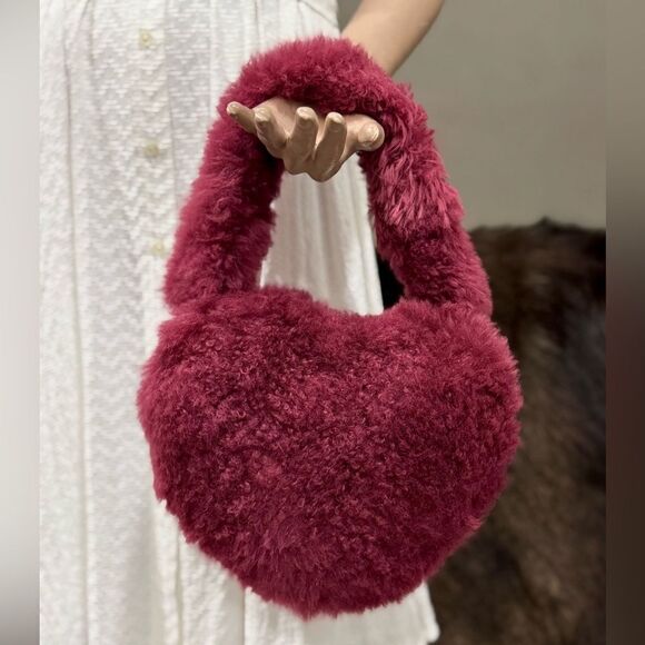 Maroon Handmade Dyed Genuine Shearling Heart Shaped & Fur Strap Bag, Crossbody - Picture 7 of 16